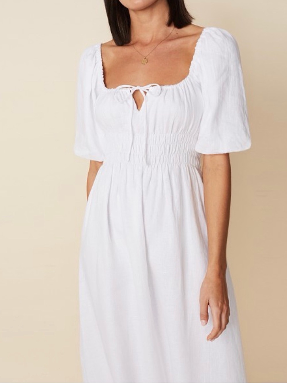 Faithfull the Brand 100% Linen Puff-Sleeve Smocked Dress